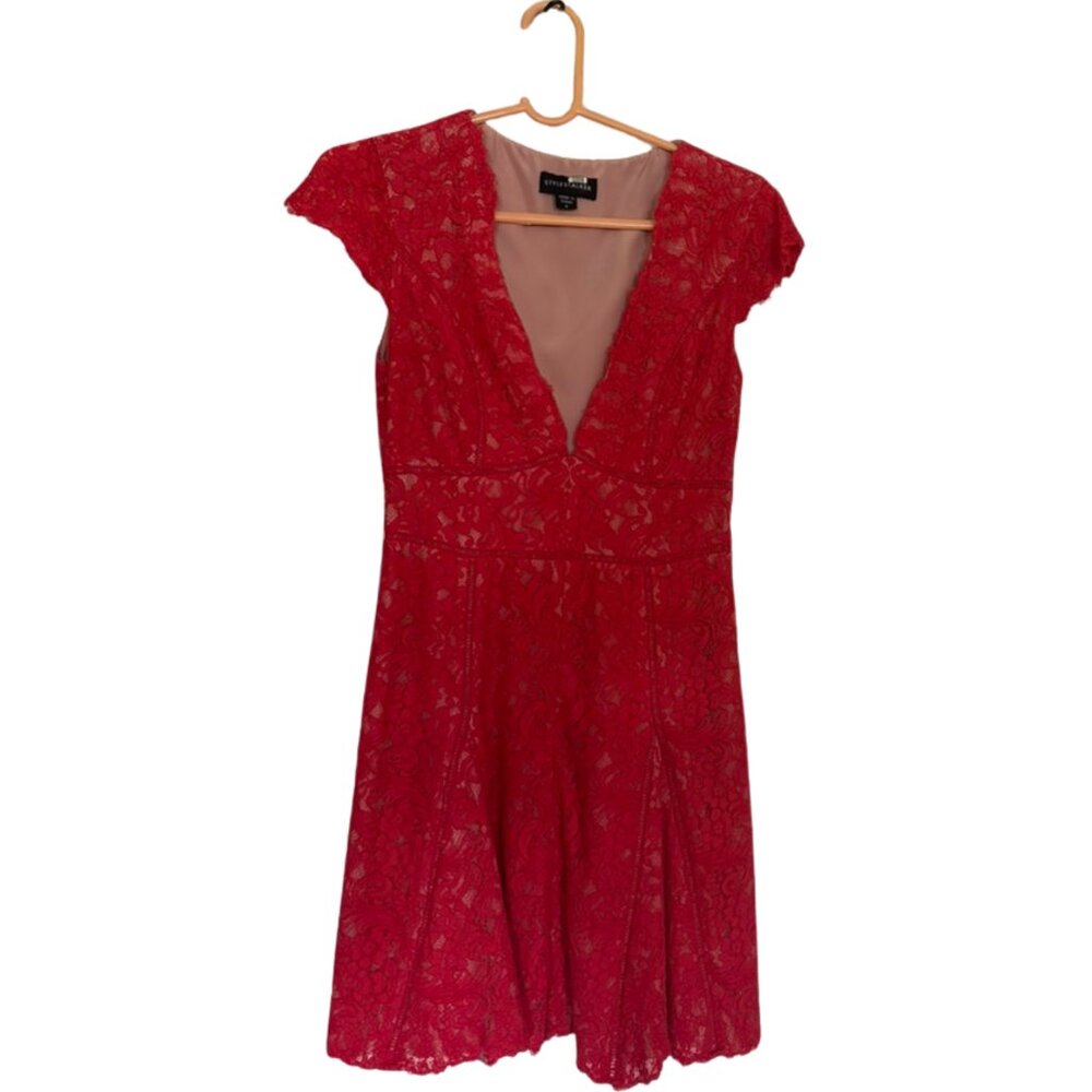 Coral lace cocktail dress